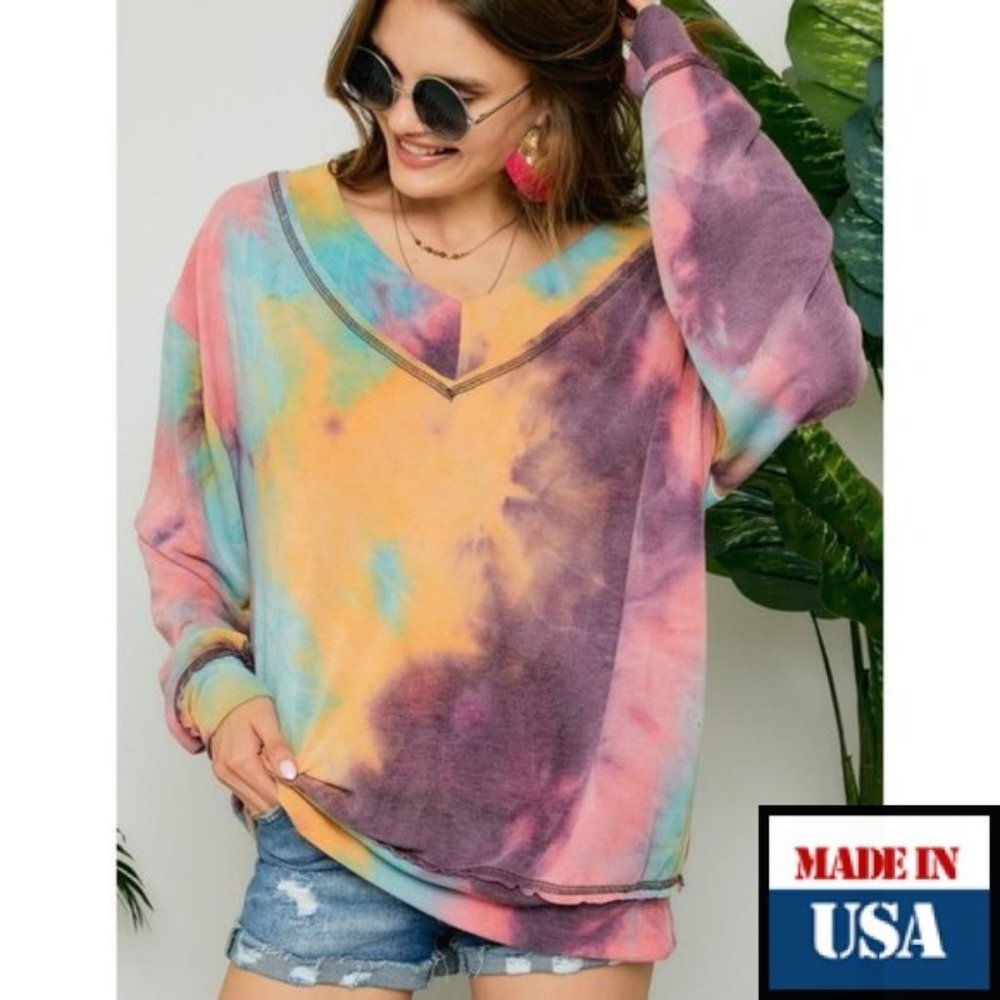 Tie Dye Oversized Big V-Neck Top